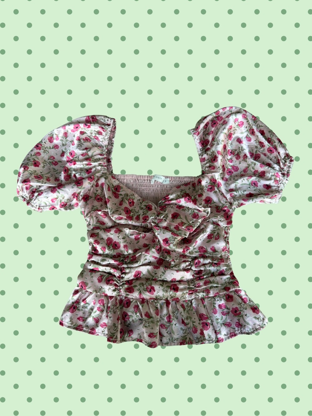 Altar'd State Cream Floral Puff-Sleeve Peplum Top with Pink Roses
